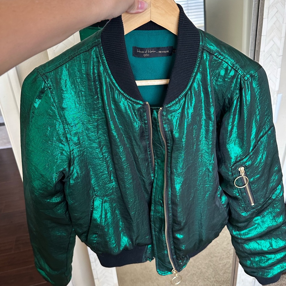 House of Harlow 1960 Metallic Emerald Green Bomber Jacket